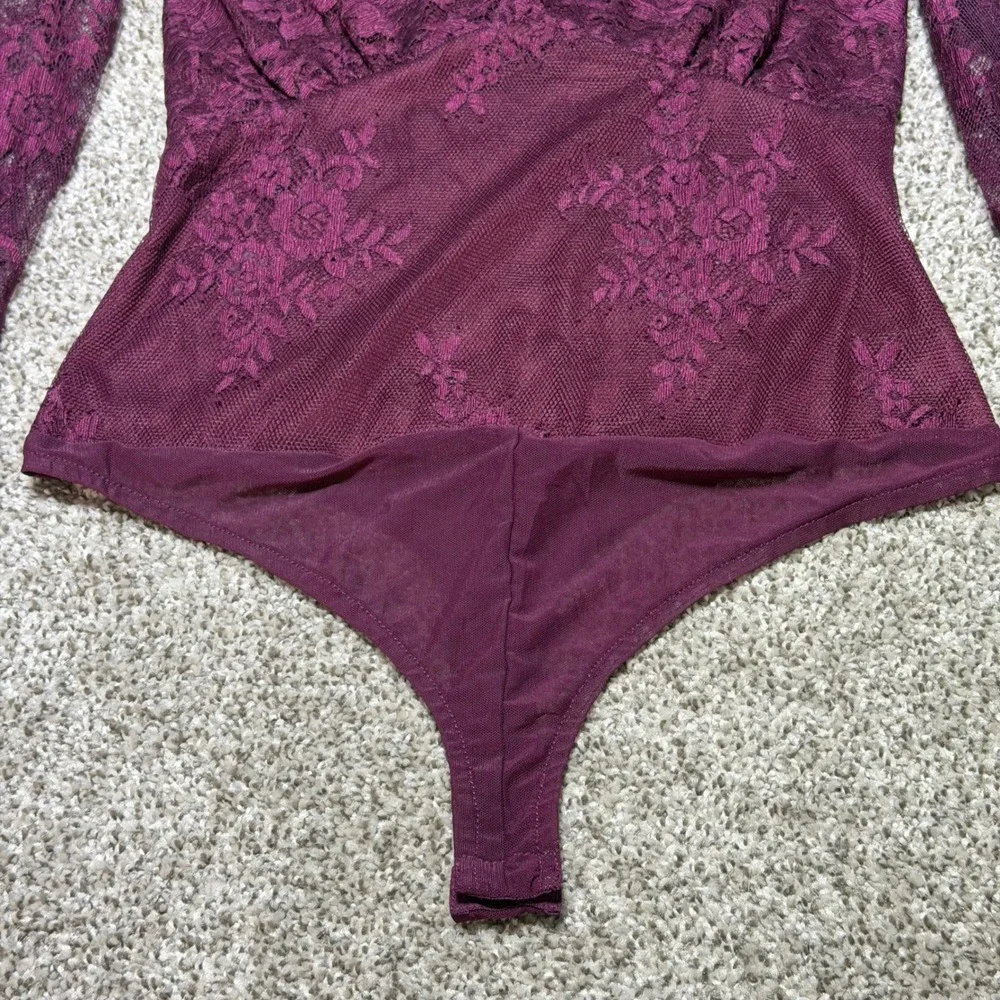 Lulu's All About That Lace Burgundy Long Sleeve Bodysuit Sexy Deep V Neck size S